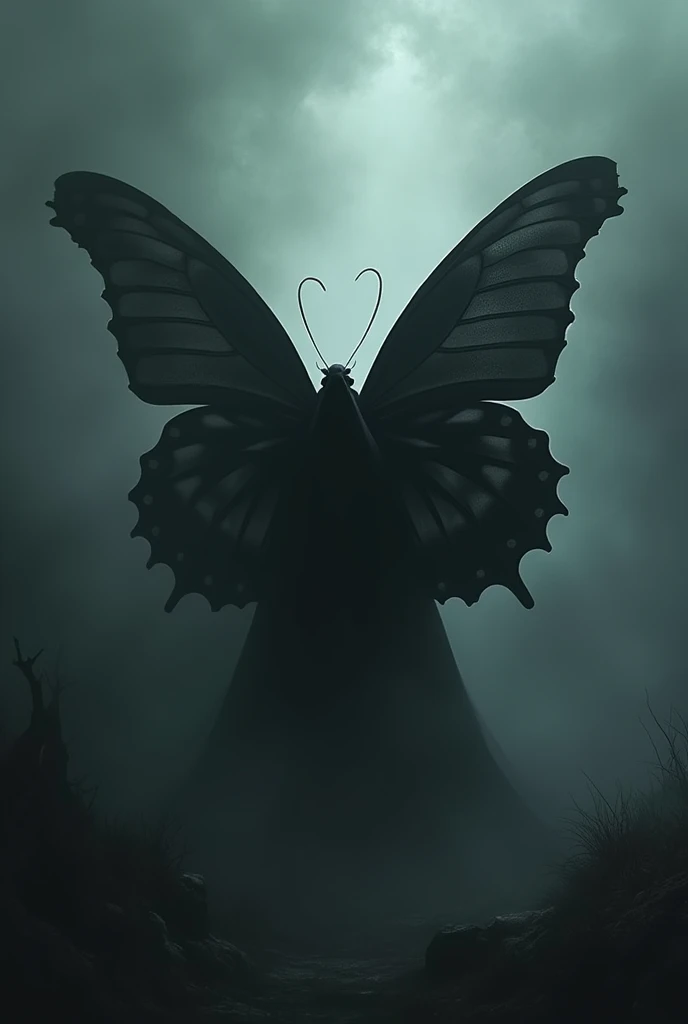 a dark fantasy horror illustration, a mysterious black butterfly, a harbinger of death, shrouded in a gloomy atmosphere of dark fog, intricate details, dramatic lighting, muted color palette, cinematic composition, masterpiece, 4k, ultra-detailed, photorealistic