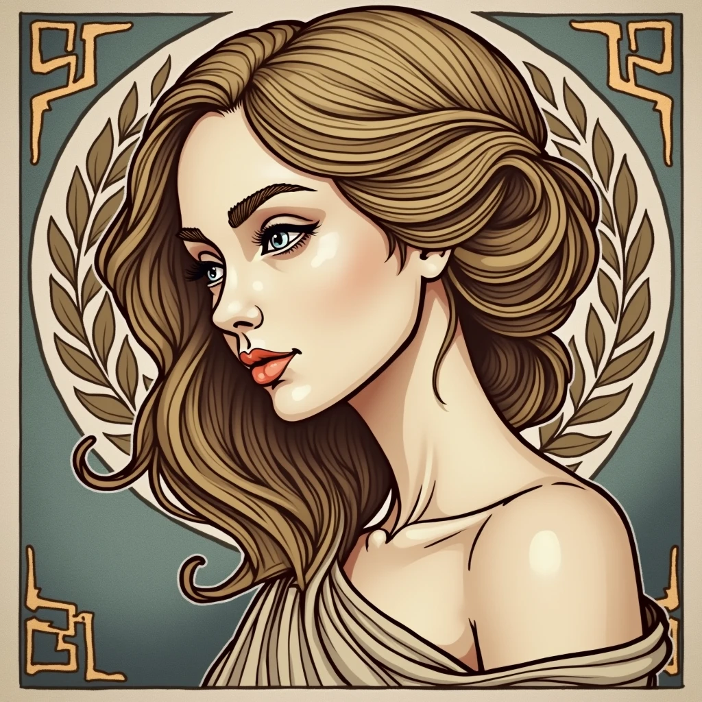 Central Element - Greek Goddess Silhouette: The design would center on a female figure inspired by Greek goddesses such as Athena or Aphrodite. Instead of too much detail, the focus would be on an elegant silhouette of the goddess, with soft curves and flowing lines that evoke the aesthetic of Art Nouveau.
Simple Greek Draping: The goddess’s body could be partially covered by a flowing fabric, typical of ancient Greek garments, that would fall in a soft and organic way. The fabric would have a light texture, created with simple lines and shading in the neo-traditional style.
Laurel Wreath: To add a Greek touch without overwhelming the design, a simple laurel branch could be placed around the goddess’s head or sides, in keeping with the symbol of victory and wisdom characteristic of Greek mythology.
Elegant Colors and Lines: Use subtle colors, such as gold or bronze, and maintain the elegant but well-defined lines typical of the neo-traditional style. The drapery and the laurel branch would be highlighted by soft shading, without too many details, to preserve the simplicity of the flash tattoo.