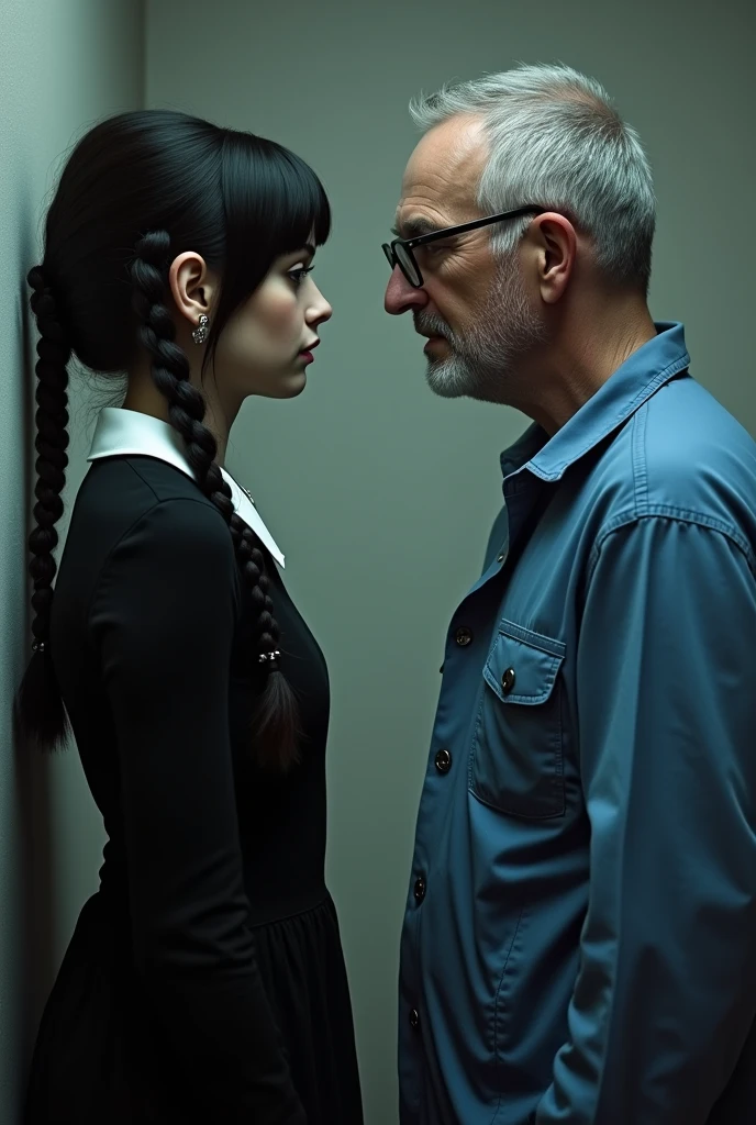 Wednesday addams meeting jeffrey Lionel dahmer
Wednesday usually wears a black dress with a white collar, black stockings, and black shoes ..black hair in braids...
Jeffrey is qearing a blue prison jumpsuit..glasses ...34 years-old