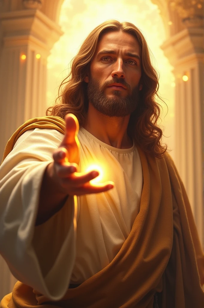 Create an image of Jesus Christ reaching out to the screen and smiling in 8k
