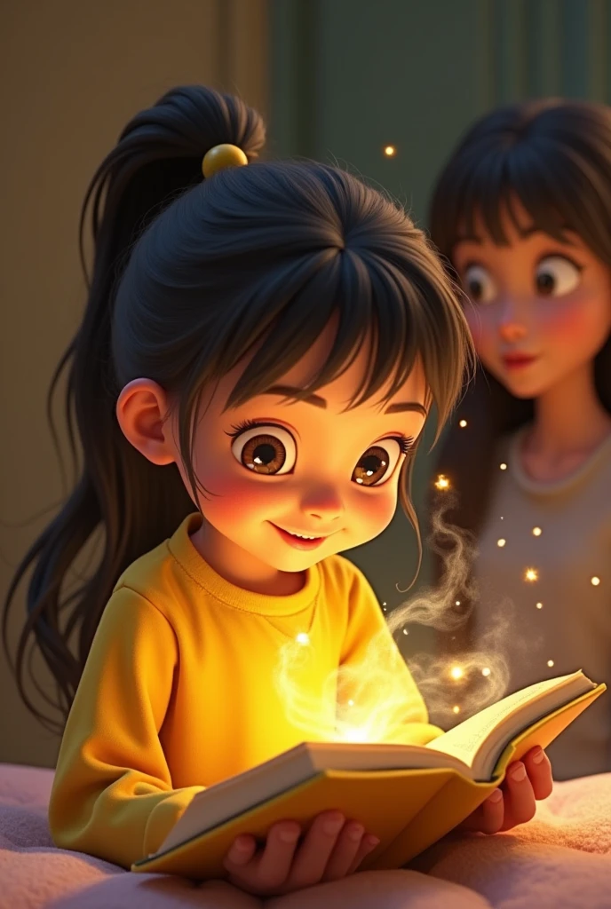 A smiling -year-oixar-le girl reading a yellow book that has a life of its own, while her mother sees her serious and half upset