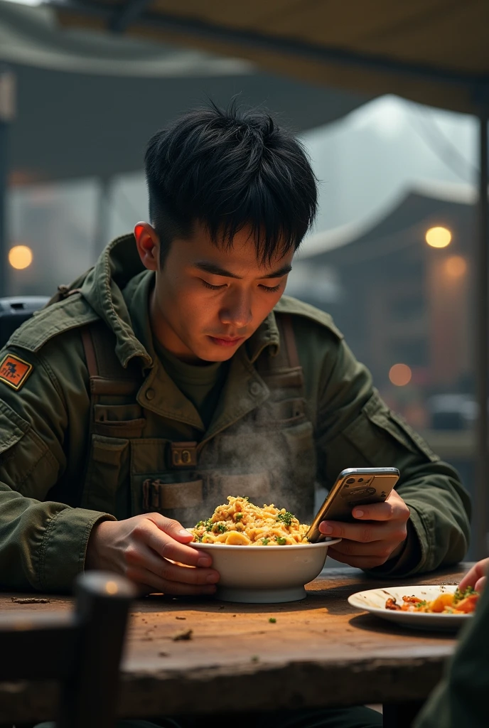 A Korean soldier, similar to Call of Duty characters, eating stroganoff while using your cell phone