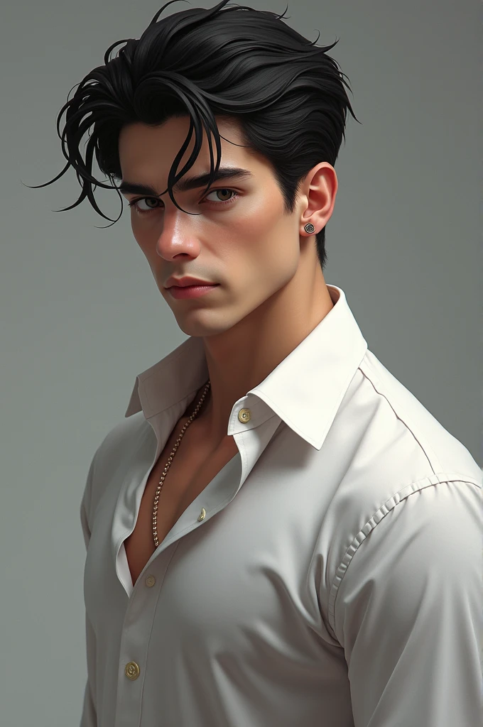 Create a serious and attractive young man. His back is broad as are his shoulders.. His hair and eyes are black. He has a fine white shirt 