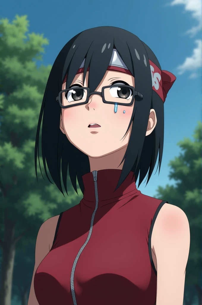 Sarada Uchiha is a female character from the Boruto Manga (She is depicted as having black irises, short neck-length hair with a side-parted hairstyle and side-swept bangs, wearing a Konoha village symbol headband, wearing a red outfit with a collar that covers the neck and a zipper in the middle of her shirt from top to bottom and also sleveless, wearing red rectangular glasses) she is looking up at the sky while shedding tears because she is sad (the background is daytime and trees are visible)