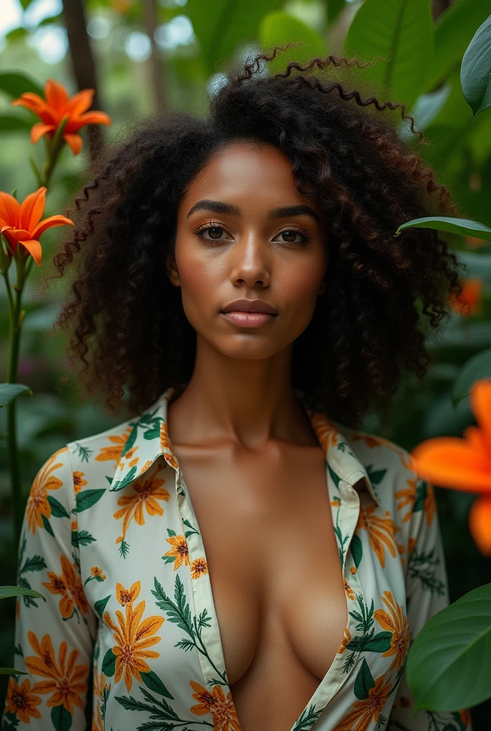 A Brazilian woman in a lush tropical garden, wearing an open shirt with a floral print, with a close-up capturing the harmonious beauty between her breasts and the natural flowers, showing off your natural charm and outgoing personality.