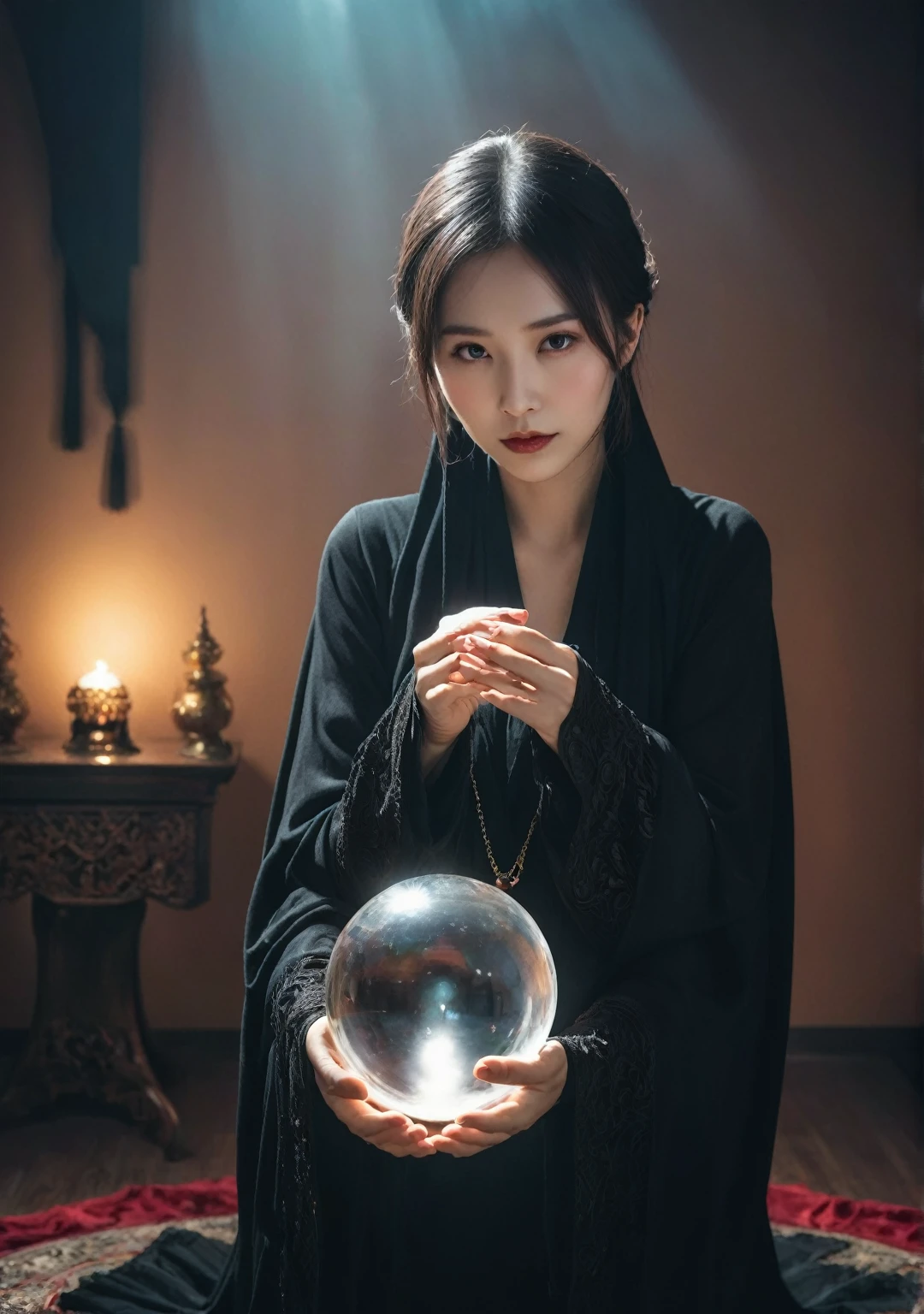 Female fortune teller. Body and face orientation: front. Charm, Beautiful and mysterious. She wears a black cloak、Have a clear face. Shining brightly, Filled with anxiety and anticipation. A fortune teller is standing. He is holding a slightly large crystal ball in each hand.. The lighting in the room is dim, Create a fantastic atmosphere. Best image quality, 4K or 8K resolution. Extremely fine detail、It's as real as a photo. Artistic style is、It should reflect the formula's aesthetic with bright colors and strong contrast。. The color palette should emphasize the mysterious and mystical theme of the piece.. The fortune teller's cloak is decorated with metal ornaments and intricate designs., Thickness ratio 1.5. The overall atmosphere is great、It's magical; The cloak is a symbol of the mysterious and mystical.. The fortune teller's facial expression should arouse mystical interest..