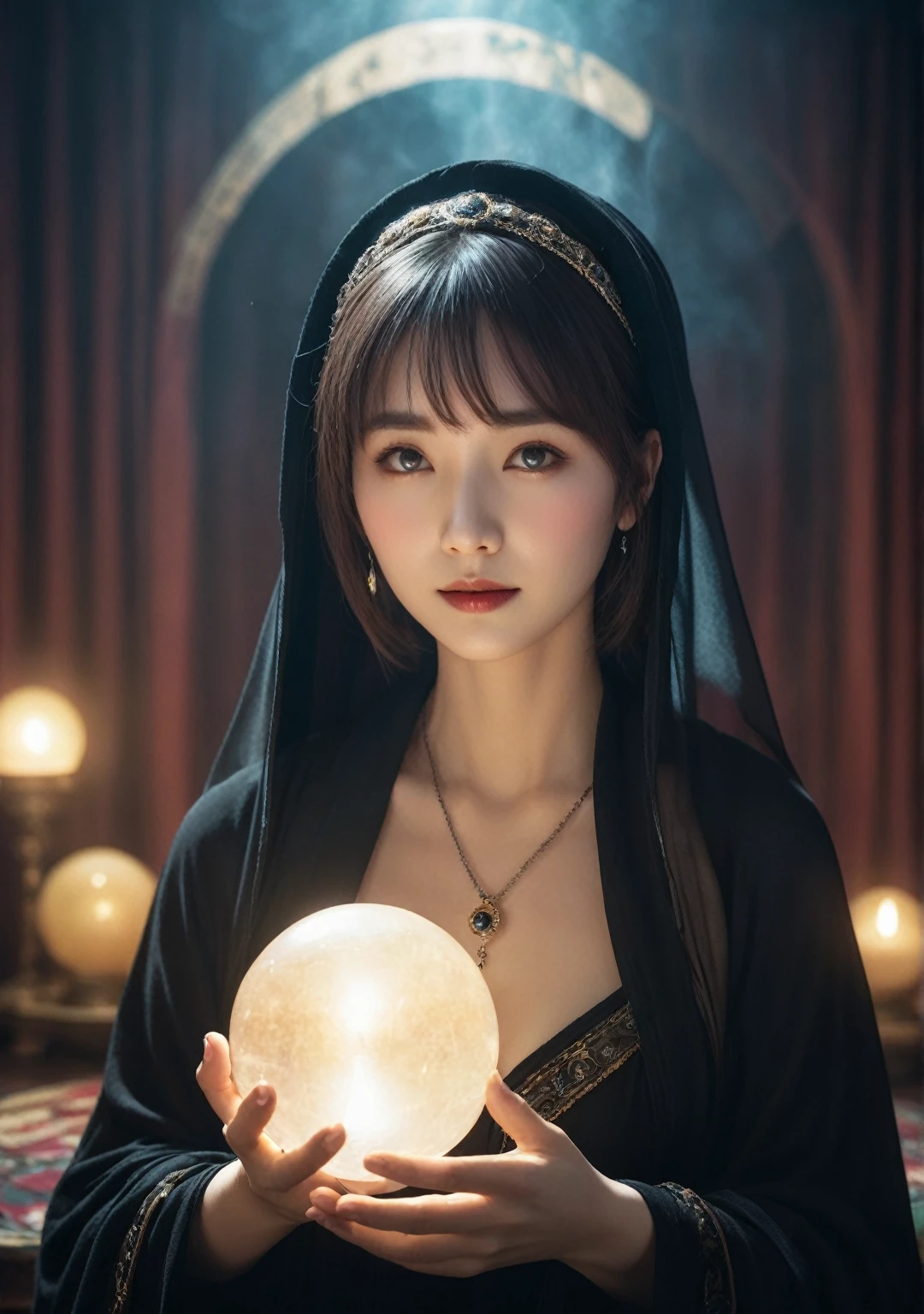Female fortune teller. Body and face orientation: front. Charm, Beautiful and mysterious. She wears a black cloak、Have a clear face. Shining brightly, Filled with anxiety and anticipation. A fortune teller is standing. He is holding a slightly large crystal ball in each hand.. The lighting in the room is dim, Create a fantastic atmosphere. Best image quality, 4K or 8K resolution. Extremely fine detail、It&#39;s as real as a photo. Artistic style is、It should reflect the formula&#39;s aesthetic with bright colors and strong contrast。. The color palette should emphasize the mysterious and mystical theme of the piece.. The fortune teller&#39;s cloak is decorated with metal ornaments and intricate designs., Thickness ratio 1.5. The overall atmosphere is great、It&#39;s magical; The cloak is a symbol of the mysterious and mystical.. The fortune teller&#39;s facial expression should arouse mystical interest..
