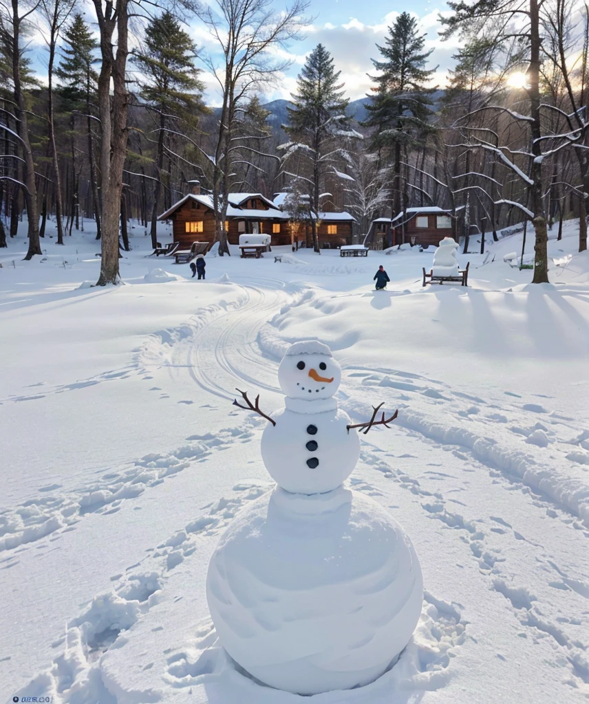 a snow-covered landscape, a beautiful winter scene, snowflakes falling, snow-covered trees, a frozen lake, a cozy cabin in the woods, people ice skating, snowman, warm lighting, soft pastel colors, serene and peaceful atmosphere, detailed and realistic, (best quality,4k,8k,highres,masterpiece:1.2),ultra-detailed,(realistic,photorealistic,photo-realistic:1.37),landscape,winter,snow,frozen,cabin,ice skating,snowman,warm lighting,soft pastel colors,serene