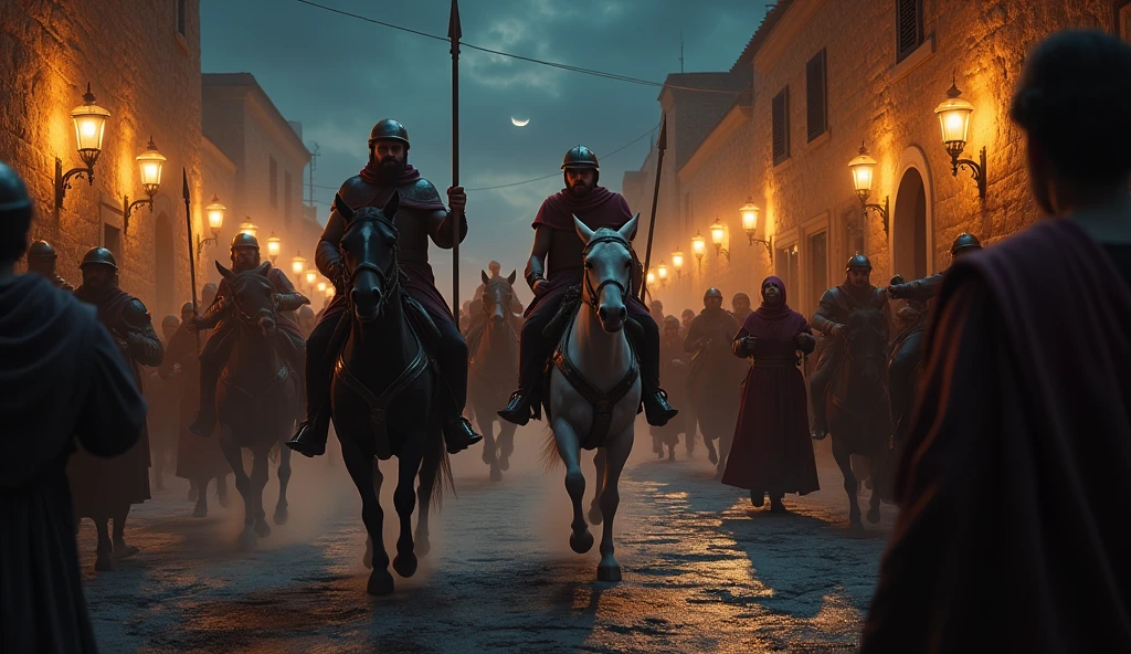 biblical history,
Roman soldiers arriving on horseback in Belem at night, to catch all the babies that were born, with many people running