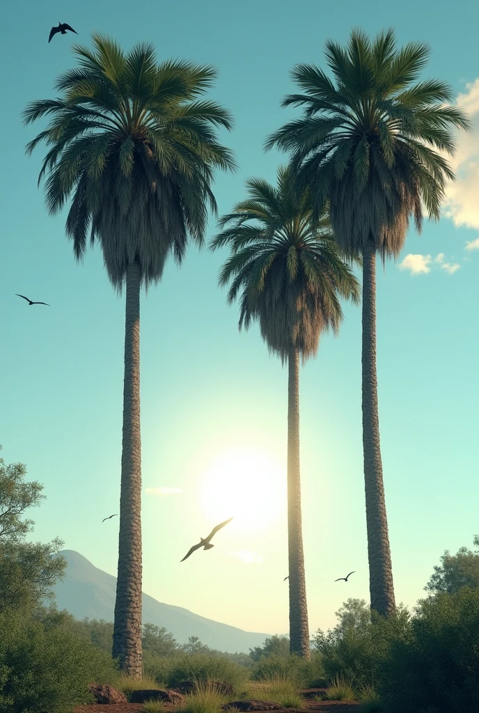 Image of three buriti palm trees (Mauritia Flexuosa) with the sun behind, shining in the blue sky, with vultures flying in the distance.