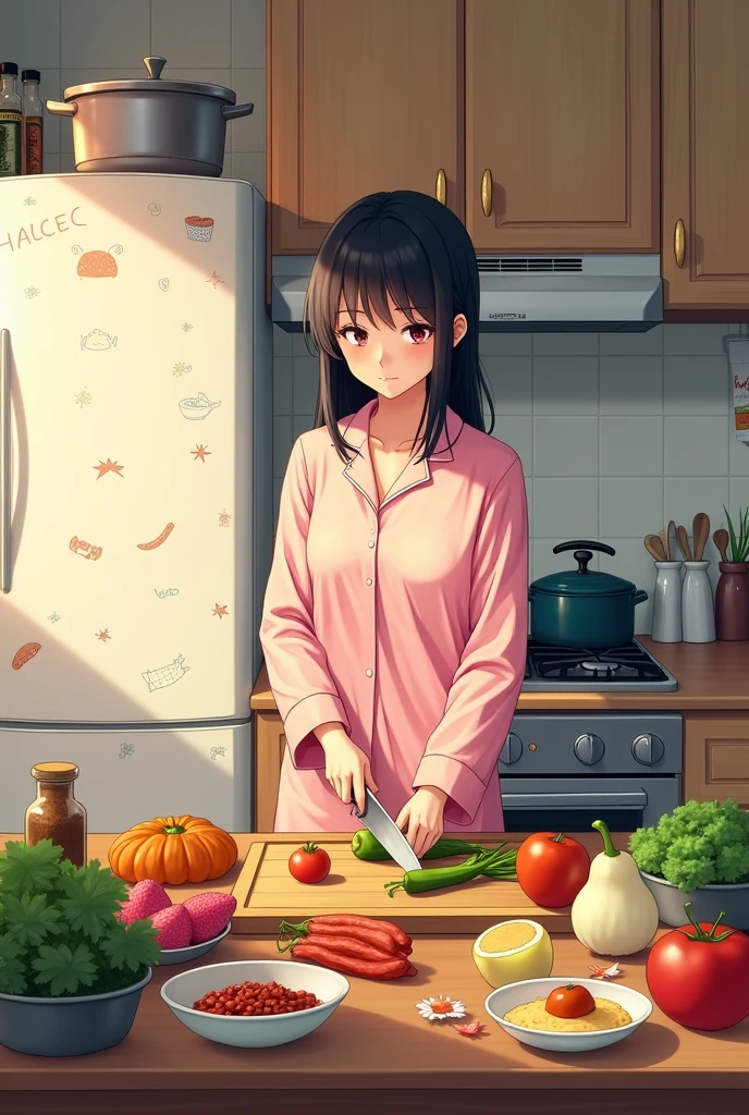 A woman wearing pjs standing in her kitchen cooking food, consulting,holding a knife and cutting vegetables in her kitchen with a fridge
with little drawings pasted on it with a stove in in the background along with cupboards ,ingredients scattered on the counter anime style