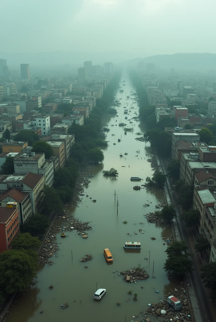 Flooding in a Brazilian city, aerial view of the center with garbage scattered around