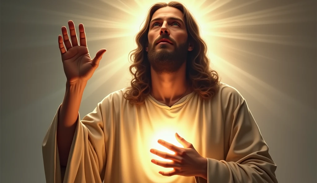 Ultra-realistic Christ is depicted with one hand raised, where three fingers (thumb, indicator and average) point to the sky in a gesture of blessing. The other hand rests on the chest, touching the radiant heart, convey depth