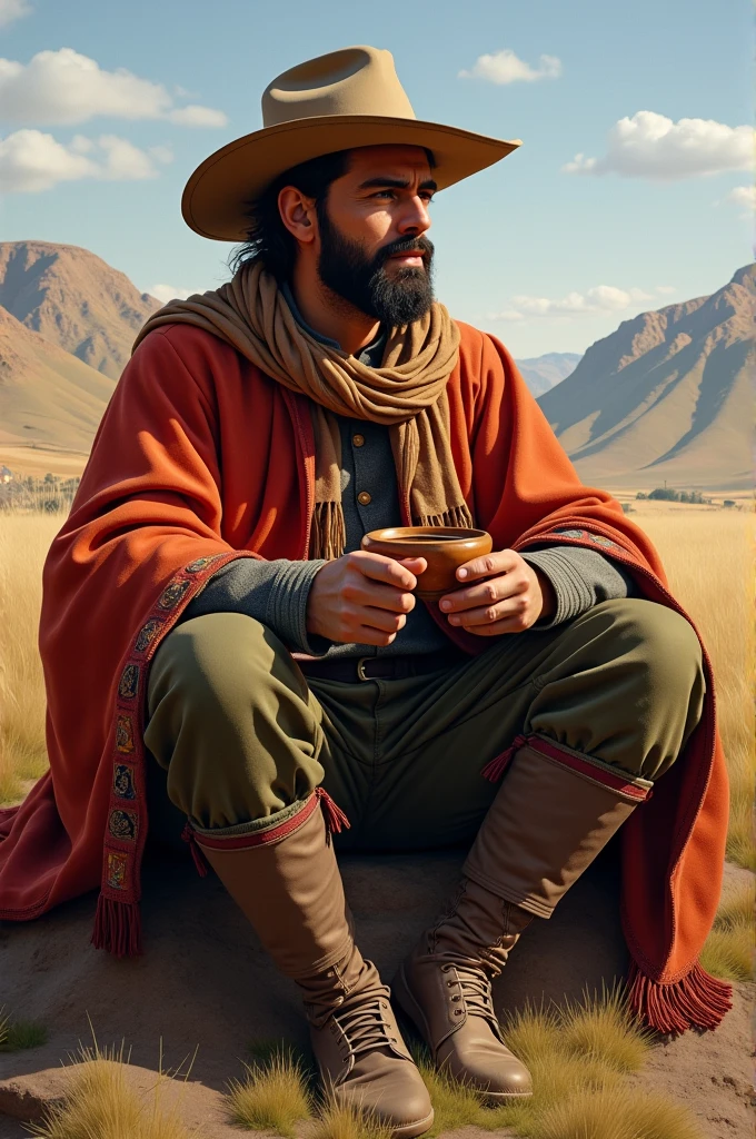 A gaucho with a poncho drinking mate 