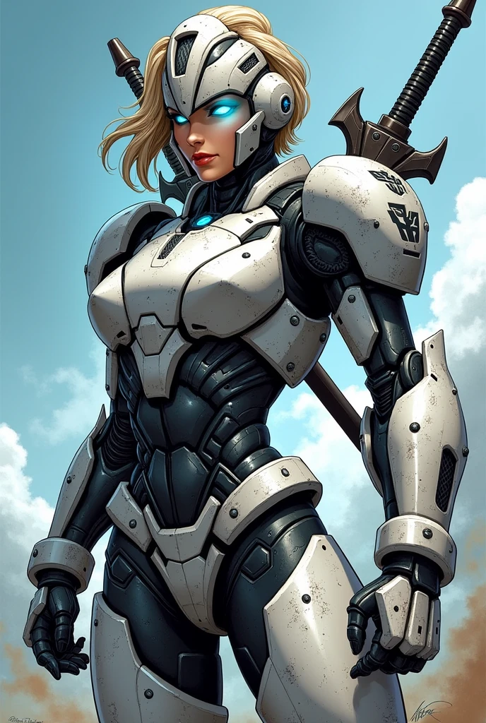Autobot féminin au métal blanc et gris couvert de rayures et brûlures, la faisant paraître terrifiante. Ses optiques bleus étaient perçantes et elle avait deux sabres derrière le dos. Mais, en fin de compte, elle est un amour avec les gens, elle est juste une assassin Cybertronienne. Design du style de la bd mtmte.