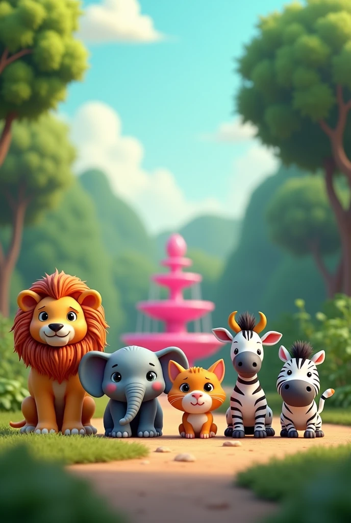 main thumbnail bana chahti hun youtube video kay leay,jis main five animals ak line main kahry hon jasy kay lion , elephant ,cow, cat ,zebra aur fountain pink color last animal ke back side pay ho, thumbnail floor forrest wala ho aur aur skybox be laga ho , animals be cute aur attractive lagy user ko kay wo video pay click kary
