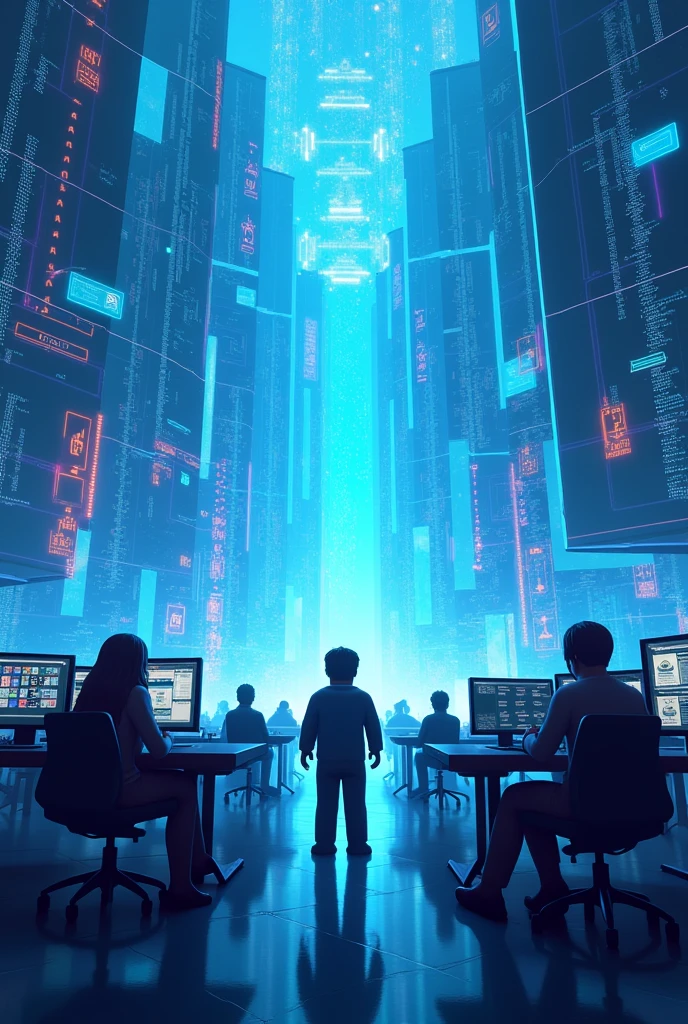 Créez une image représentant un fond inspiré de l'univers de Roblox avec un thème de développeur. Le décor doit être centré autour du métavers, avec des éléments modernes et futuristes, principalement dans des tons de bleu. Incluez des hologrammes, des interfaces utilisateur flottantes, et des lignes de code qui défilent en arrière-plan. Ajoutez des silhouettes ou des avatars de développeurs travaillant sur des consoles ou des ordinateurs, intégrant l'aspect créatif de Roblox. L'ambiance générale doit évoquer l'innovation et la technologie avancée, tout en restant dans l'esprit ludique de Roblox. dimension 2560px X 1440px