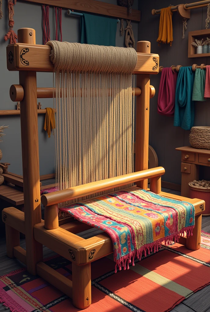 Draw me a picture of a loom weaving fabric and there are many threads of different colors and materials that need to be chosen. On the loom is a piece of fabric that is unfinished