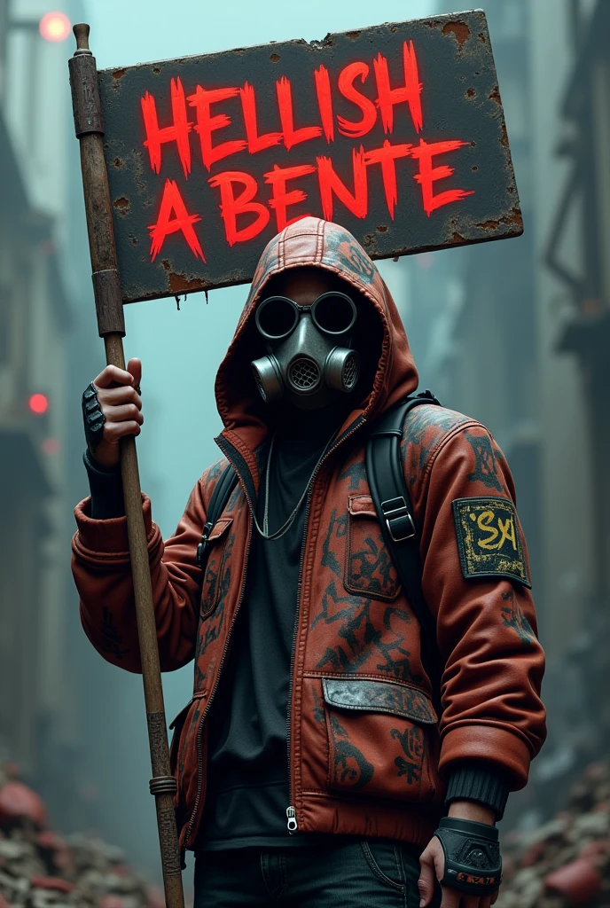 Gamer avatar wallpaper holding hellish sign with DAZKER word and wearing graffiti jacket with toxic gas mask in 3D style