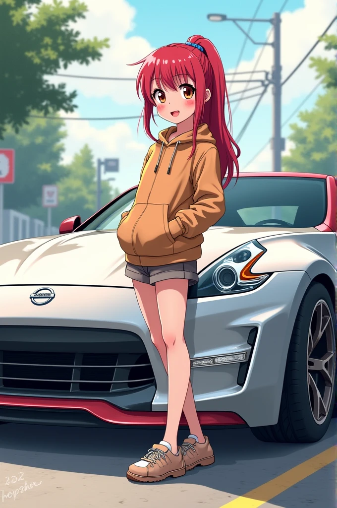 Cute anime girl with red hair next to a silver Nissan 350z