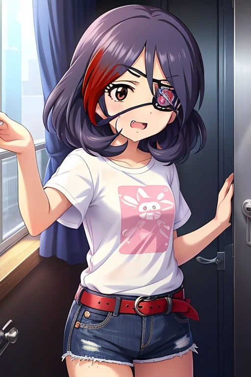 Hayasaka Mirei,purple hair,multicolored hair,fang,brown eyes,short hair,eyepatch,white t-shirt,jeans shorts,black,belt