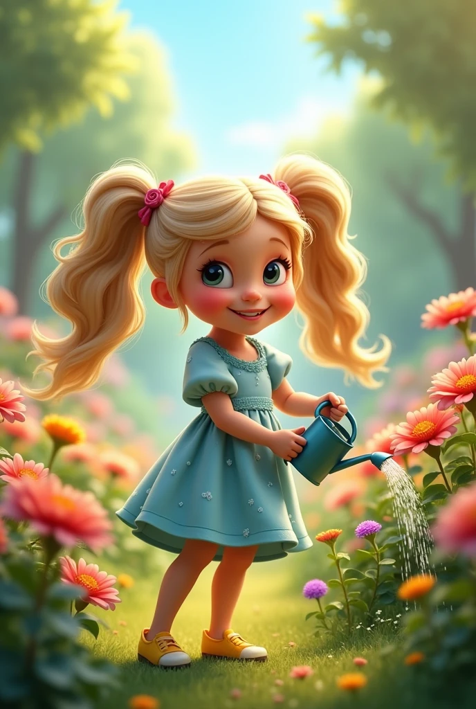 A cheerful girl with long wavy light blonde hair in two high ponytails, wearing a light blue dress with white polka dots and yellow shoes, standing in a whimsical garden, smiling as she waters flowers with a small watering can.