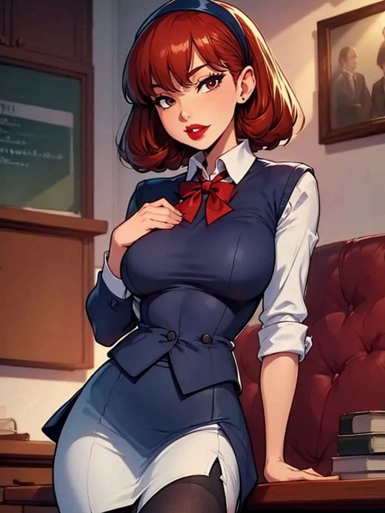 Sharona, wearing a navy office suit, white shirt, navy skirt,red lips,hairband, black tights, high quality, 