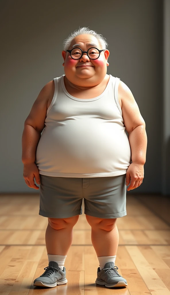 High resolution, masterpiece, In the whole body frame、Full body standing、Japanese、Ultra-short stature、Fat and obese grandpa、A soothing and charming face、Small lens round rimmed glasses、smile、Cleanliness、Thinning grey hair、Sweaty all over、White tank top、Shorts、running shoes、Background gym!Blushing,