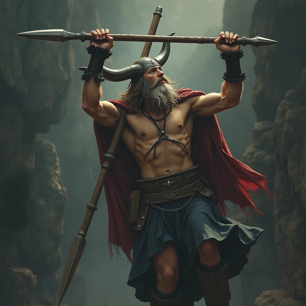 Norse god Odin hanging upside down and pierced by a spear,top quality picture,16:9
