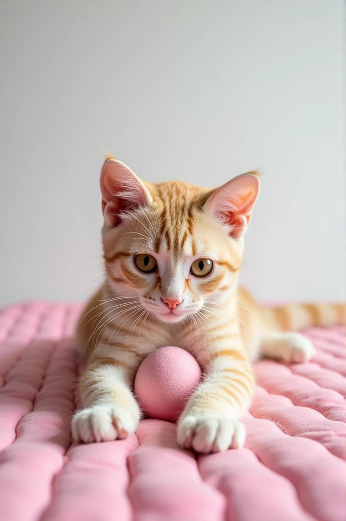 make a  cat kid showing her pussy holding her giant boobs with a white background and lying on a pink mattress