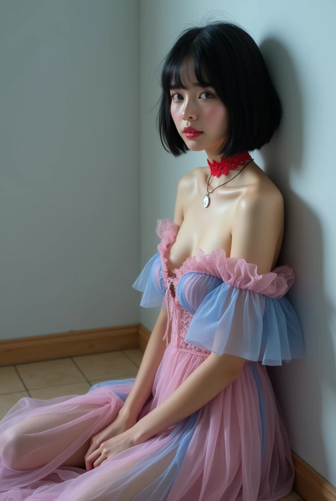 (RAW photo, best quality, masterpiece: 1.2), (photorealistic: 1.4), best lighting, 20 years old, (light black hair, short bob cut, hair in 7 thirds, hair over one ear, :1.15), (Symmetrical blue clear eyes, solo, medium breast, Detailed Skin, :1.2), ((Light gray walls and floor, photo studio, sitting on floor, sitting against the wall, pink and blue clear off the shoulder short length vestido longo de calda de festa, calças de seda, red lace choker, sorrindo, slender necklace, wearing black high heels, clean legs, cinematic lights, sensual look, from side))