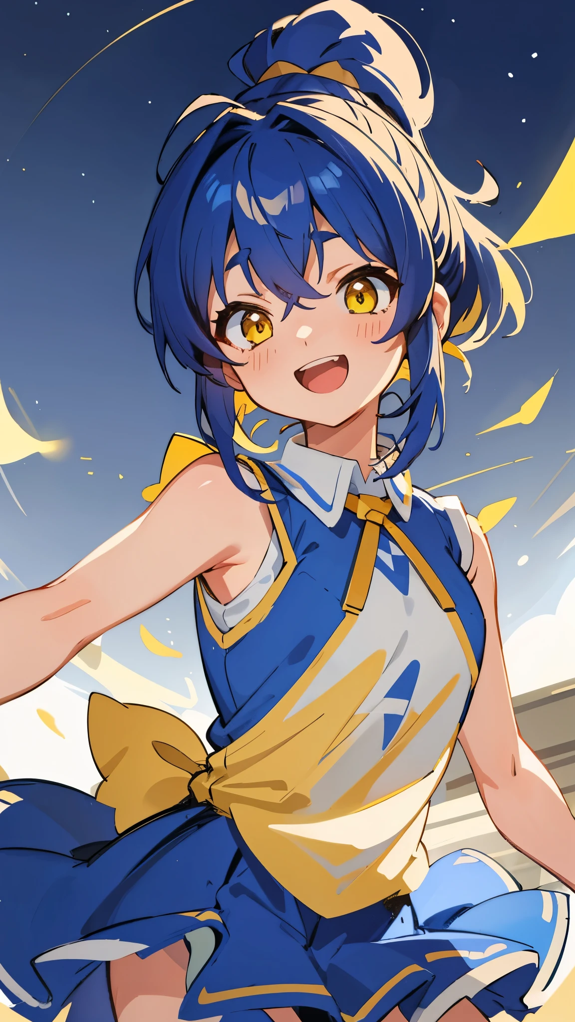 1 person、Medium size chest、Ultramarine colored hair、ponytail、Glowing yellow eyes、Bangs between the eyes、Ahoge、Sleeveless shirt、 skirt、Upper body close-up、 Laughter、Open your mouth、Rural Village