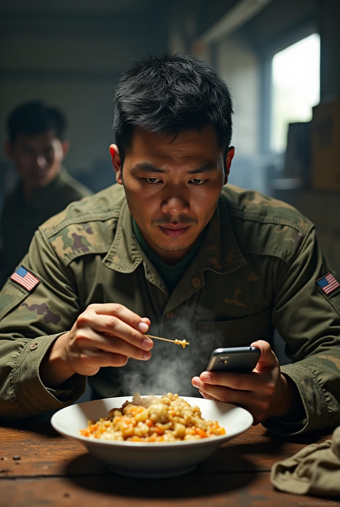 A Korean soldier, similar to Call of Duty characters, eating stroganoff while using your cell phone