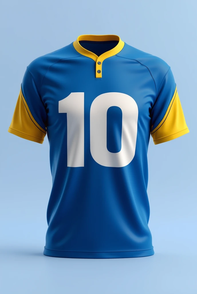 Draw the back of a midi shirt, with the number 10 large and centered. The shirt is predominantly blue, with yellow details on the edges of the sleeves and on the collar. The number 10 should be white with a yellow border. Do not include logo, name or emblem on the shirt. Design should be clean and modern, highlighting only the elements described. With extravagant gem yellow details of beautiful