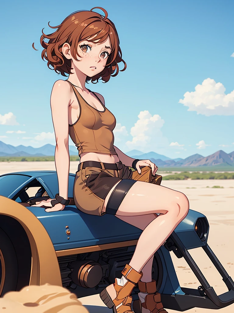 (masterpiece), (best quality), ((one girl)) copper hair,(brown eyes),short hair, curly hair, anime style, freckles, (small breast), (petite figure), blue tank top, knee pads, legs, (desert background)), ((cgi))