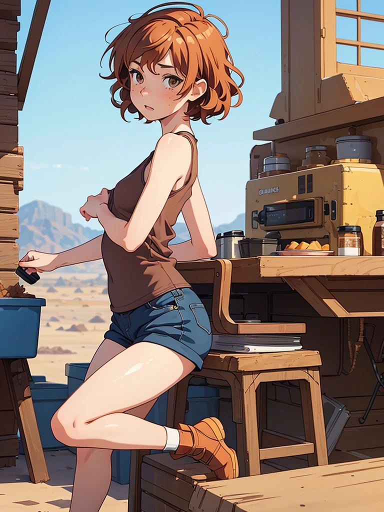 (masterpiece), (best quality), ((one girl)) copper hair,(brown eyes),short hair, curly hair, anime style, freckles, (small breast), (petite figure), blue tank top, knee pads, legs, (desert background)), ((cgi))