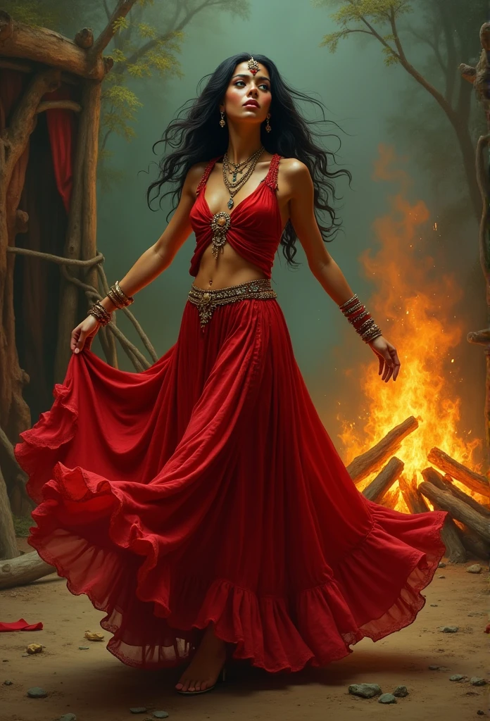 Baroque style painting of a young gypsy dancer with necklaces, earrings and bracelets, beautiful and strong young woman, red robes with full skirts in the Victorian era style, green panther eyes, long and straight, silky black hair falling over her shoulders, ((dancing near a campfire in a gypsy camp)).