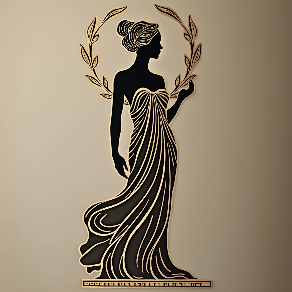 Central Element - Greek Goddess Silhouette: The design would center on a female figure inspired by Greek goddesses such as Athena or Aphrodite. Instead of too much detail, the focus would be on an elegant silhouette of the goddess, with soft curves and flowing lines that evoke the aesthetic of Art Nouveau.

Simple Greek Draping: The goddess’s body could be partially covered by a flowing fabric, typical of ancient Greek garments, that would fall in a soft and organic way. The fabric would have a light texture, created with simple lines and shading in the neo-traditional style.

Laurel Wreath: To add a Greek touch without overwhelming the design, a simple laurel branch could be placed around the goddess’s head or sides, in keeping with the symbol of victory and wisdom characteristic of Greek mythology.

Elegant Colors and Lines: Use subtle colors, such as gold or bronze, and maintain the elegant but well-defined lines typical of the neo-traditional style. The drapery and the laurel branch would be highlighted by soft shading, without too many details, to preserve the simplicity of the flash tattoo.