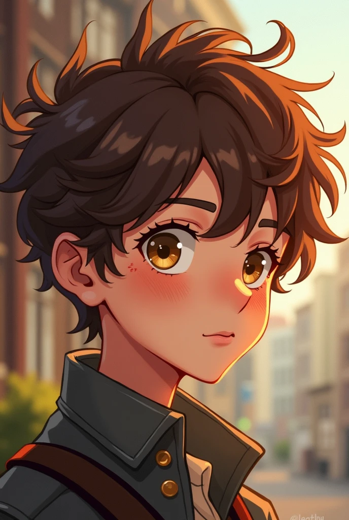 anime boy, brown hair, hazel eyes, attractive physical features, and small scars on his face. With hair like Newt Scamander