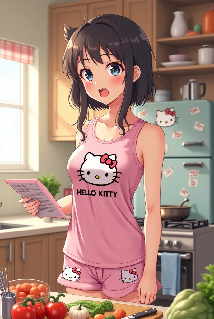 A woman wearing hello kitty pjs tank top and shorts standing in her kitchen cooking food, consulting,holding a knife and cutting vegetables in her kitchen with a fridge
with little drawings pasted on it with a stove in in the background along with cupboards ,ingredients scattered on the counter anime style