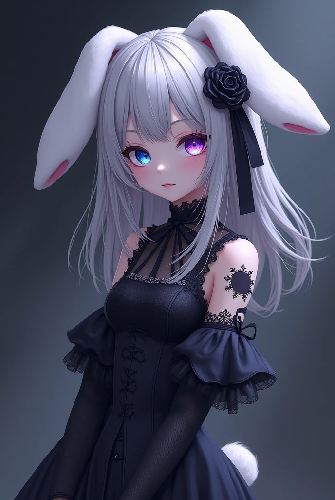 a rabbit girl white and black hair (human mini lop eared rabbit hybrid with mostly human except with furry rabbit features like tail feet and ears like a white and black spotted mini lop eared rabbit)

She has heterochromatic eyes (left eye blue right eye purple)Give a magical reason for her purple eye. Kuro has a gothic/Victorian outfit style  and  give her black splotches on her body and one over her purple eye and give her human body but rabbit features like her feet are rabbit feet and a bunny tail and rabbit ears like a lop eared rabbit and a emotionless facial expression 