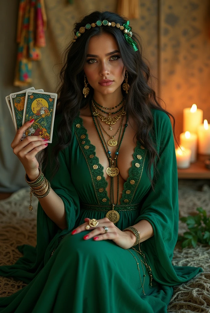 Generate a detailed and vibrant image of a gypsy known as "Emerald Gypsy". She is portrayed as a striking woman with long, dark, wavy hair adorned with coins and colorful ribbons. Her outfit is a flowing dress in shades of green, with a rich guipir lace trim on the skirt. She wears a variety of jewelry, including bracelets, necklaces, and large hoop earrings. Esmeralda holds tarot cards in one hand, with a serene expression that exudes wisdom and mystery. The background features a mystical setting, possibly a candlelit tent with rich fabrics and spiritual symbols, enhancing the aura of divination and ancient traditions.