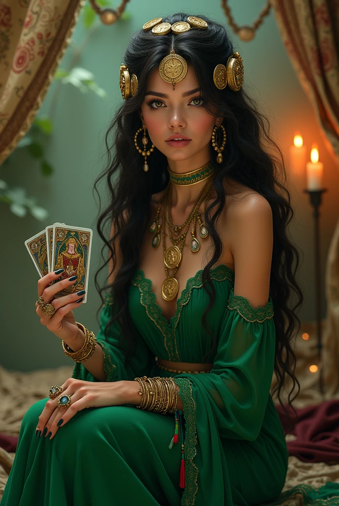 Generate a detailed and vibrant image of a gypsy known as "Emerald Gypsy". She is portrayed as a striking woman with long, dark, wavy hair adorned with coins and colorful ribbons. Her outfit is a flowing dress in shades of green, with a rich guipir lace trim on the skirt. She wears a variety of jewelry, including bracelets, necklaces, and large hoop earrings. Esmeralda holds tarot cards in one hand, with a serene expression that exudes wisdom and mystery. The background features a mystical setting, possibly a candlelit tent with rich fabrics and spiritual symbols, enhancing the aura of divination and ancient traditions.