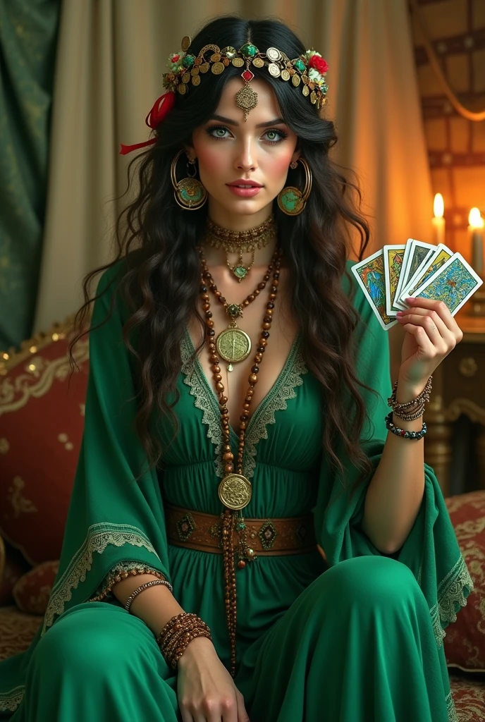 Generate a detailed and vibrant image of a gypsy known as "Emerald Gypsy". She is portrayed as a striking woman with long, dark, wavy hair adorned with coins and colorful ribbons. Her outfit is a flowing dress in shades of green, with a rich guipir lace trim on the skirt. She wears a variety of jewelry, including bracelets, necklaces, and large hoop earrings. Esmeralda holds tarot cards in one hand, with a serene expression that exudes wisdom and mystery. The background features a mystical setting, possibly a candlelit tent with rich fabrics and spiritual symbols, enhancing the aura of divination and ancient traditions.