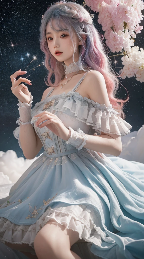 (masterpiece,quality,best quality,water彩(curly),Official Art,Beauty and aesthetics:1.2),(1 big breasted girl:1.3),(Fractal Art:1.3),Curtsy \(Manaka et al.\),Big breasts and thin waist,thigh,View from the side,Looking at the audience,Patterned,(Rainbow Hair,hair color,Half blue, half pink hair:1.2),water,liquid,cloud,rich and colorful,Starry Sky,Star,