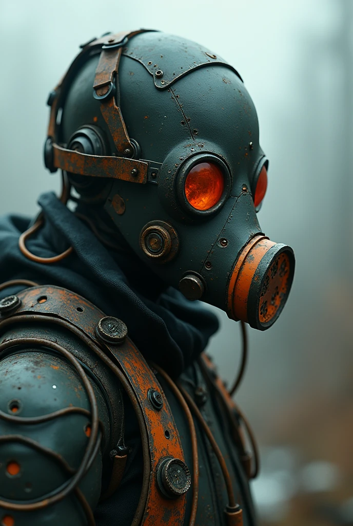 there is a cyborg in a gas mask and a gas mask on his face and have metallic orange grunge side with plainte cables connected to his face, the scene is very sad , style blend of hideo kojima, craig mullins style, cinematic beeple, sci-fi cinematic movie still, postapocalyptic vibes, detailed atmospheric and gritty, cinematic scifi sentirs shot, knights templar in a space suit, dramatic sci-fi movie still, sci-fi film color palette