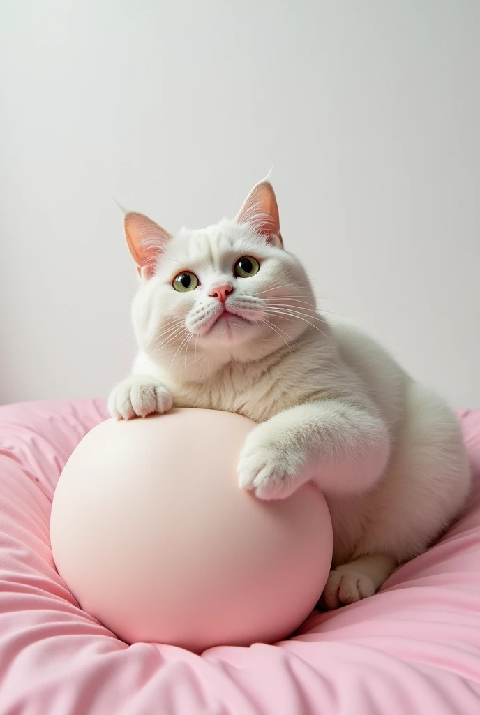 make a  cat kid showing her pussy holding her giant boobs with a white background and lying on a pink mattress