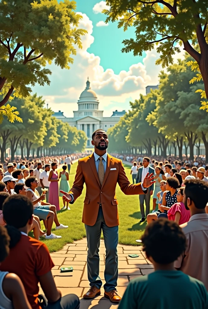 create for me an image of an outdoor landscape with people playing and walking while a black man preaches the words of the bible