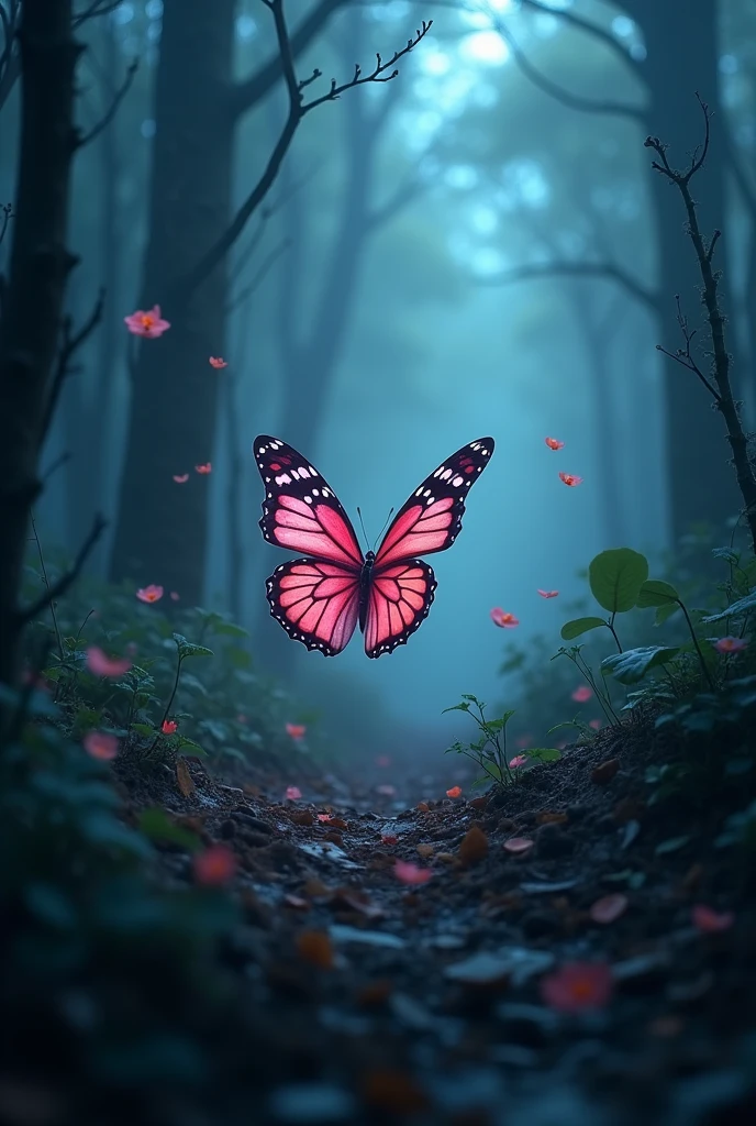 A dark, mysterious, gloomy fantasy illustration of a colorful butterfly,the only colours in the dead world, in a dark forest shrouded in mysterious fog, highly detailed, cinematic lighting, moody atmosphere, photo-realistic, 8K, masterpiece
