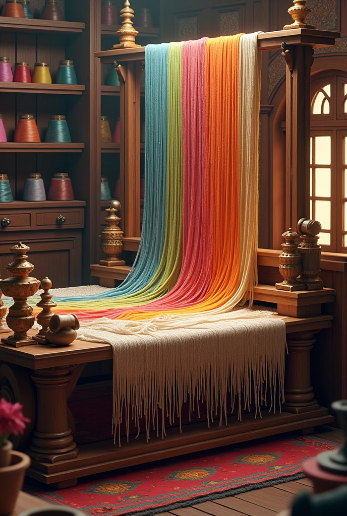 Draw me a picture of a loom weaving fabric and there are many threads of different colors and materials flying out and need to be selected.